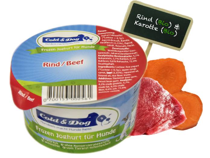 Cold & Dog Frozen Joghurt besteht vornehmlich aus Bio-Zutaten und ist in den Sorten Rind, Wildlachs und Apfel-Banane erhältlich.
